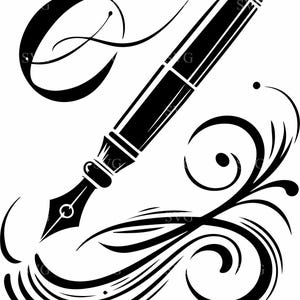 5 Clipart SVG di penna stilografica, elegante file di taglio per penna calligrafica con vortici, silhouette di strumento di scrittura per Cricut e artigianato laser