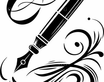 5 Fountain Pen SVG Clipart, Elegant Calligraphy Pen Cut File with Swirls, Writing Tool Silhouette for Cricut & Laser Crafts