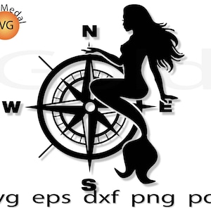 Könnte beinhalten: Schwarze Silhouette einer Meerjungfrau auf einer Windrose, mit den Richtungsmarkierungen N, W, E und S. Das Bild enthält den Text "Gold Medal SVG" und Dateityp-Abkürzungen: SVG, EPS, DXF, PNG und PDF.