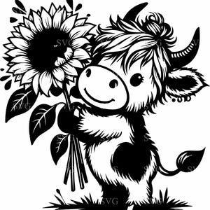 Lindo archivo SVG de vaca de las Tierras Altas con 5 cortes y girasol: adorable animal de granja con diseño floral