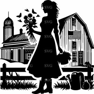 4 boerderijdame silhouet SVG 4 gesneden bestand – vrouw met zonnebloemen, schuur en silo, ideaal voor rustiek decorambachten