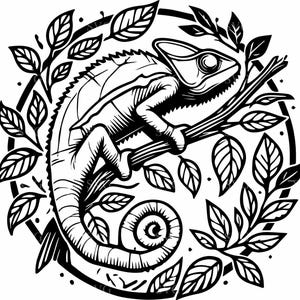 May include: Black and white line art illustration of a chameleon curled around a branch with leaves. The chameleon is facing the right side of the image.
