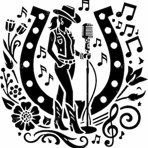 Chanteuse country Cowgirl SVG 4 fichier - Cowgirl western avec microphone Design - musique rustique artisanat SVG Art
