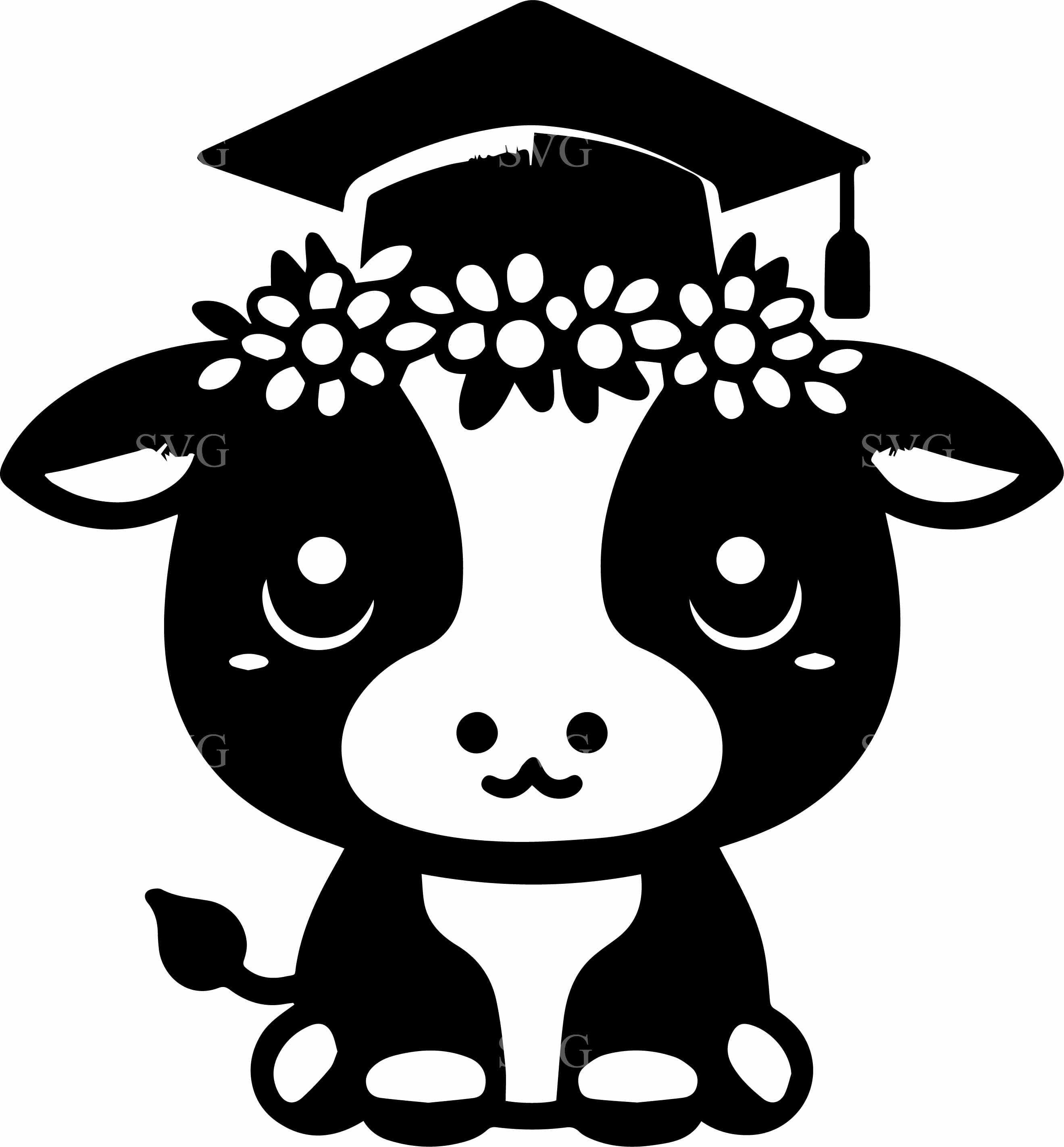 6 Graduation Cow SVG Cut File – Floral Calf With Cap Vector for Cricut ...