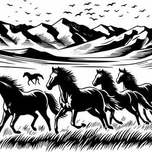5 scènes de chevaux qui courent – 5 fichiers SVG Mountain Horse – Silhouette de mustang sauvage pour décoration western, travaux manuels, découpe laser et vinyle
