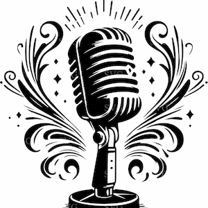 Archivo SVG de 4 cortes de micrófono vintage, micrófono retro con espirales y destellos, silueta de cantante, descarga digital para Cricut