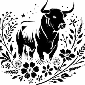 Majestätisch Stier mit Blumenkranz SVG - 6 Rustikales Longhorn Design - Naturinspirierte Schnittdatei für Kunsthandwerk