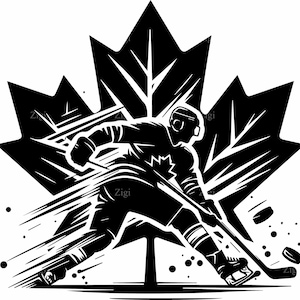 Könnte beinhalten: Schwarz-weiße Grafik eines Eishockeyspielers in Aktion, vor einem großen Ahornblatt. Der Spieler trägt eine Hockeyuniform, den Schläger in der Hand, mit Pucks in Bewegung. Das Design ist eine kühne, stilisierte Illustration.