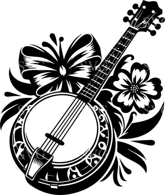 アート・デザイン・音楽 British Silhouette Artists & Their Work Banjo SVG Cut File, 4 Floral Banjo Silhouette, Vintage