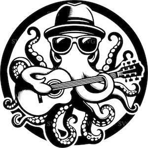 Cool Octopus SVG 4 gesneden bestand - gitaarspelen silhouet met hoed en zonnebril - Music Lover Clipart for Crafts