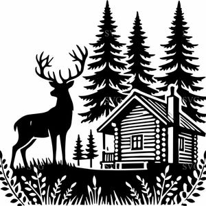 4 Mountain cabin scene – 4 Deer and log cabin SVG cut file – Rustic forest silhouette for wood signs, laser cutting, hunting lodge decor