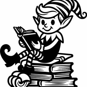 May include: Black and white illustration of a smiling elf reading a book while sitting on a stack of books. The elf is wearing a pointed hat, a collar, and striped socks. A decorative swirl is at the bottom.