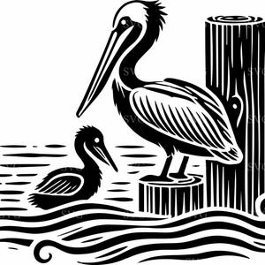 Pelikan Paar SVG 5 Schnittdatei - Küstenvögel Silhouette mit Dock-Wellen - Nautische Clipart für Handwerk & Dekor