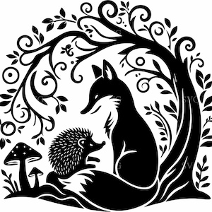 6 zorros y erizos SVG, 6 siluetas de animales del bosque, escena de amor en el bosque vectorial, archivo de corte circular de vida silvestre de Cricut