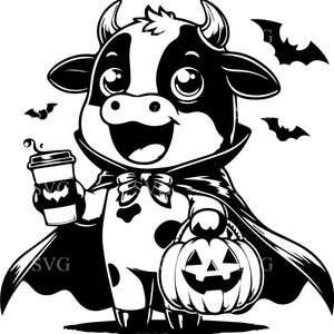 4 mucche di Halloween in formato SVG, 4 mucche carine in costume, clipart di mucca "dolcetto o scherzetto", vettore di mucca spettrale, decorazioni autunnali, file di taglio Cricut