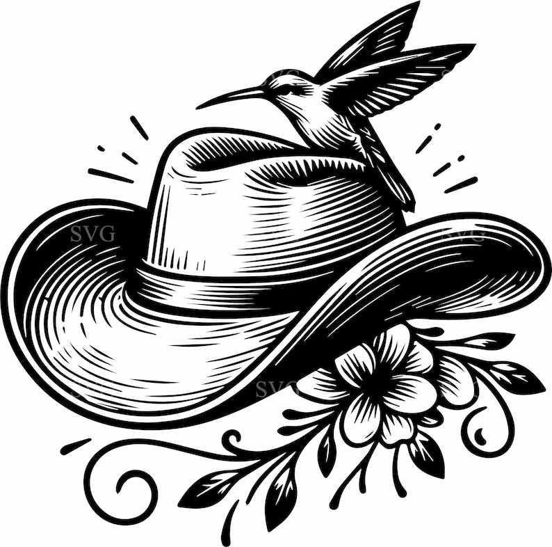 Puede incluir: Ilustraci&oacute;n en blanco y negro de un sombrero de vaquero con un colibr&iacute; posado encima. El sombrero est&aacute; decorado con un dise&ntilde;o floral y hojas. La imagen tiene un estilo vintage grabado.