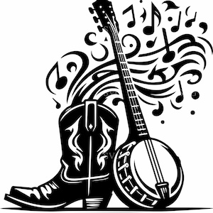 Puede incluir: Ilustración en blanco y negro de una bota de vaquero, un banjo y notas musicales. La bota tiene un diseño decorativo de llamas. El banjo está colocado junto a la bota, con notas musicales y espirales que emanan de los instrumentos.