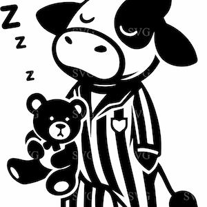 6 Vaca sonolenta SVG em pijamas segurando brinquedo, silhueta de animal engraçada para hora de dormir, arquivo de corte para Cricut, Farm Dream Clipart