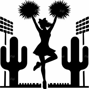 May include: A black silhouette of a cheerleader with pom-poms, jumping in front of a cactus and stadium lights. The cheerleader is wearing a dress and a bow in her hair. The image is a graphic design.
