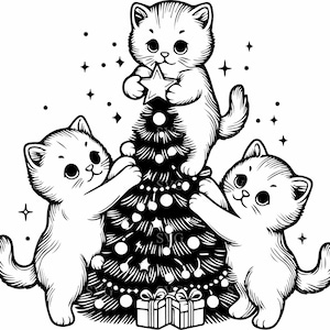 4 Tre gattini carini che decorano l'albero di Natale SVG 4 File di taglio - Gatti delle feste con stella e regali - Design festivo
