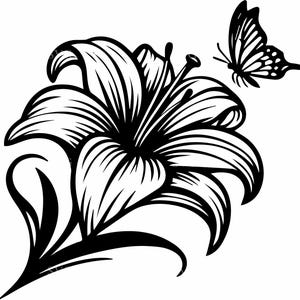 May include: A black and white illustration of a lily flower with detailed petals and leaves. A butterfly with intricate wing patterns is positioned near the flower, creating a nature-themed design. The image is a graphic representation, suitable for various applications.