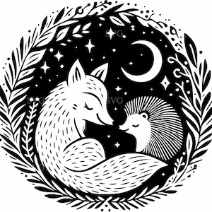 6 zorros y erizos SVG, 6 siluetas de amigos del bosque, escena de amor en el bosque, archivo de corte circular de animales de Cricut