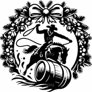 4 Barrel Racing Cowboy Weihnachten SVG, 4 Western Urlaub Kranz Schnittdatei, Rodeo Pferd Reiter SVG für Cricut und Silhouette