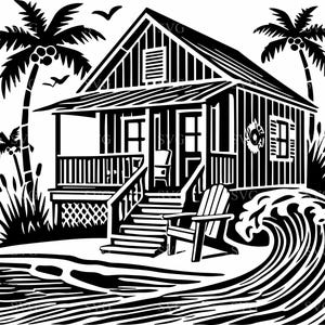 Chalet de plage SVG 6 fichier coupé, cabane tropicale avec palmiers et vagues vectoriel, clipart silhouette été côtière