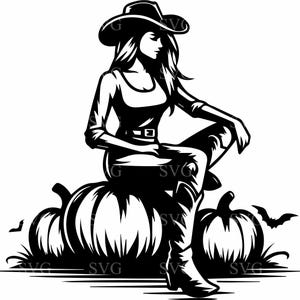 Könnte beinhalten: Eine Schwarzweißillustration einer Frau mit Cowboyhut und Stiefeln, die auf zwei Kürbissen sitzt.