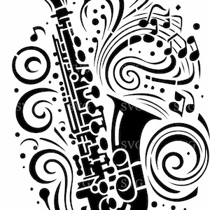 May include: Black and white silhouette of a saxophone with musical notes and swirls around it.
