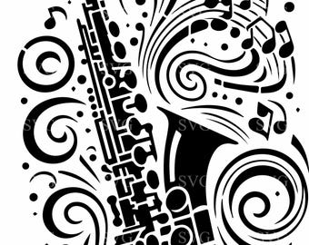 May include: Black and white silhouette of a saxophone with musical notes and swirls around it.