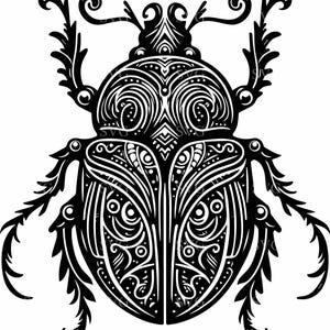 May include: Black and white illustration of a stylized beetle with intricate patterns and swirls on its body.