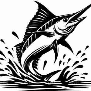 May include: Black and white silhouette of a marlin jumping out of the water, with a splash of water behind it.