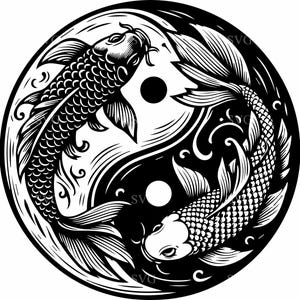 May include: Black and white Yin and Yang design featuring two koi fish swimming in opposite directions. The fish are detailed with scales and fins, set against a swirling background. The design includes two white circles and a black circle.