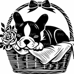 7 schlafender Hund SVG 7 Schnittdatei, Welpe im Korb Silhouette, Französische Bulldogge Laserschnitt, Cricut, Glowforge, Papierschnitt-Design