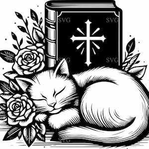 May include: Black and white illustration of a sleeping cat curled up next to roses and a book with a cross. The cat is sleeping peacefully, surrounded by floral elements. The book has the text "SVG" in the corners.
