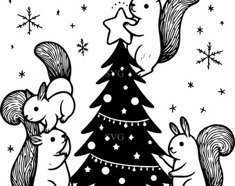 May include: A black and white illustration depicting squirrels decorating a Christmas tree. One squirrel places a star on top, while others admire the tree and presents. Snowflakes and stars complete the festive scene.