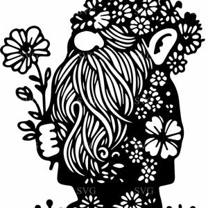 May include: Black and white illustration of a garden gnome holding a flower. The gnome has a long beard and is wearing a floral crown. The image is a silhouette with intricate details.
