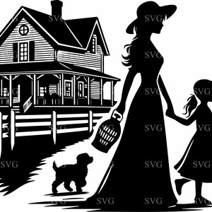 Fichier de coupe SVG 4 famille ferme, mère et fille avec chien, scène de ferme rustique pour Cricut & Silhouette Crafts