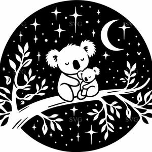 4 Koala moon SVG – 4 koalas endormis coupés fichier avec étoiles et feuilles – Jolie silhouette animale pour travaux manuels Cricut, décoration de chambre d'enfant, art au coucher