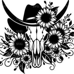 Tournesol tête de mort de taureau SVG, fichier de coupe floral Western Skull 6, Clipart tête de mort de vache pour Cricut, découpe laser et travaux manuels