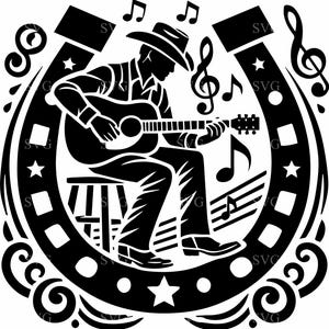 Peut inclure: Silhouette noire et blanche d'un cow-boy jouant de la guitare assis sur un tabouret devant un fer à cheval. Des notes de musique sont dispersées autour de l'image.