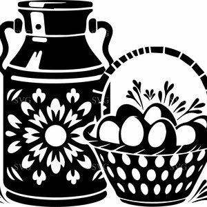 May include: Black and white illustration of a milk jug with a floral design and a basket filled with eggs. The basket has a handle and is decorated with a dotted pattern.