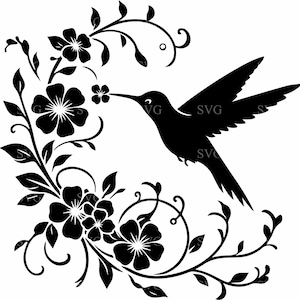 File di taglio SVG 5 di colibrì con ramo floreale – Elegante uccello che si nutre di fiori Silhouette