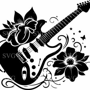 Floral gitaar gesneden SVG-bestand, 4 elektrische gitaar silhouet met bloemen, muziek clipart, Cricut, lasergesneden vector design