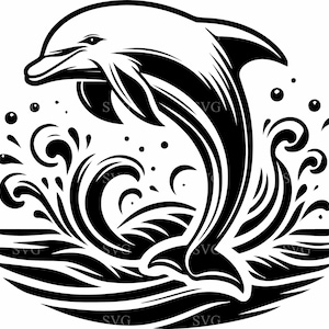 Peut inclure: Illustration en noir et blanc d'un dauphin sautant hors de l'eau. Le dauphin est stylisé avec des lignes épurées, et l'eau est représentée par des vagues et des bulles. Thème nautique ou marin.