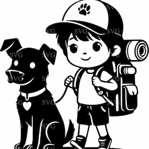 May include: A black and white illustration of a young person wearing a hat and backpack, walking a dog on a leash. The person is smiling and the dog is looking ahead.