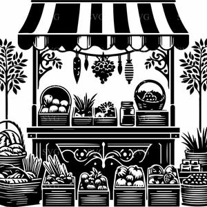May include: A black and white illustration of a farmers market stand with a striped awning. The stand is filled with baskets of fruit and vegetables, including apples, grapes, and leafy greens.