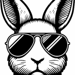 Può includere: Illustrazione in bianco e nero del volto di un coniglio con occhiali da sole. Il coniglio ha grandi orecchie e un motivo di pelliccia dettagliato. Gli occhiali da sole sono in stile aviatore classico.