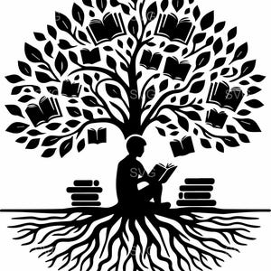 May include: A black and white illustration depicts a tree with books for leaves. A person sits beneath the tree, reading a book. Stacks of books are on either side of the person, and the tree's roots are visible.